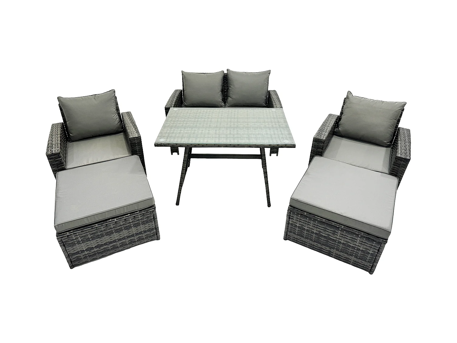Garten Esstisch Set Polyrattan Outdoor Möbel Sofa mit Rechteckiger Esstisch Doppelsitz Sofa 2 hohen Hockern 2 Sesseln Dunkelgrau Gemischt