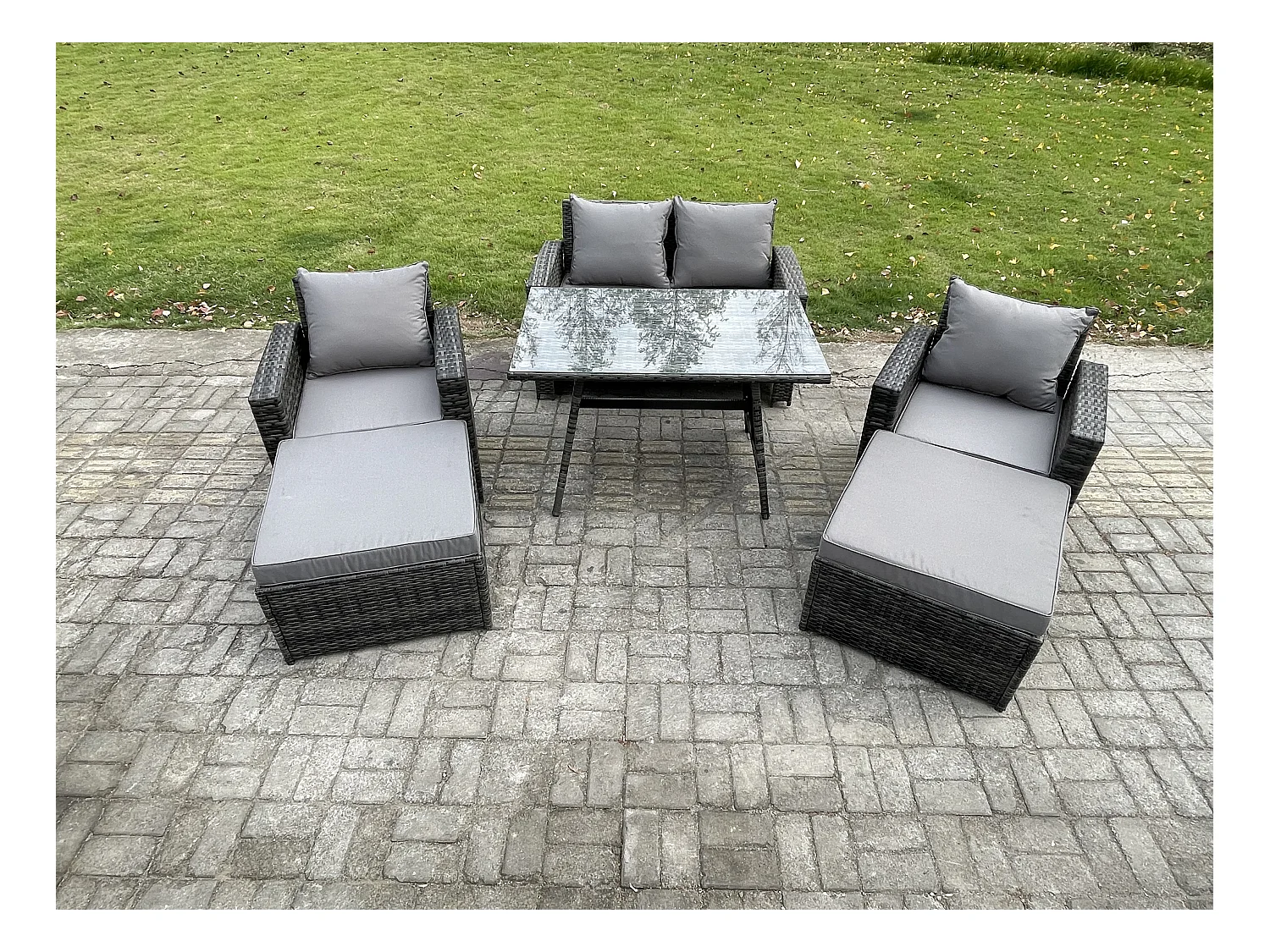 Garten Esstisch Set Polyrattan Outdoor Möbel Sofa mit Rechteckiger Esstisch Doppelsitz Sofa 2 hohen Hockern 2 Sesseln Dunkelgrau Gemischt