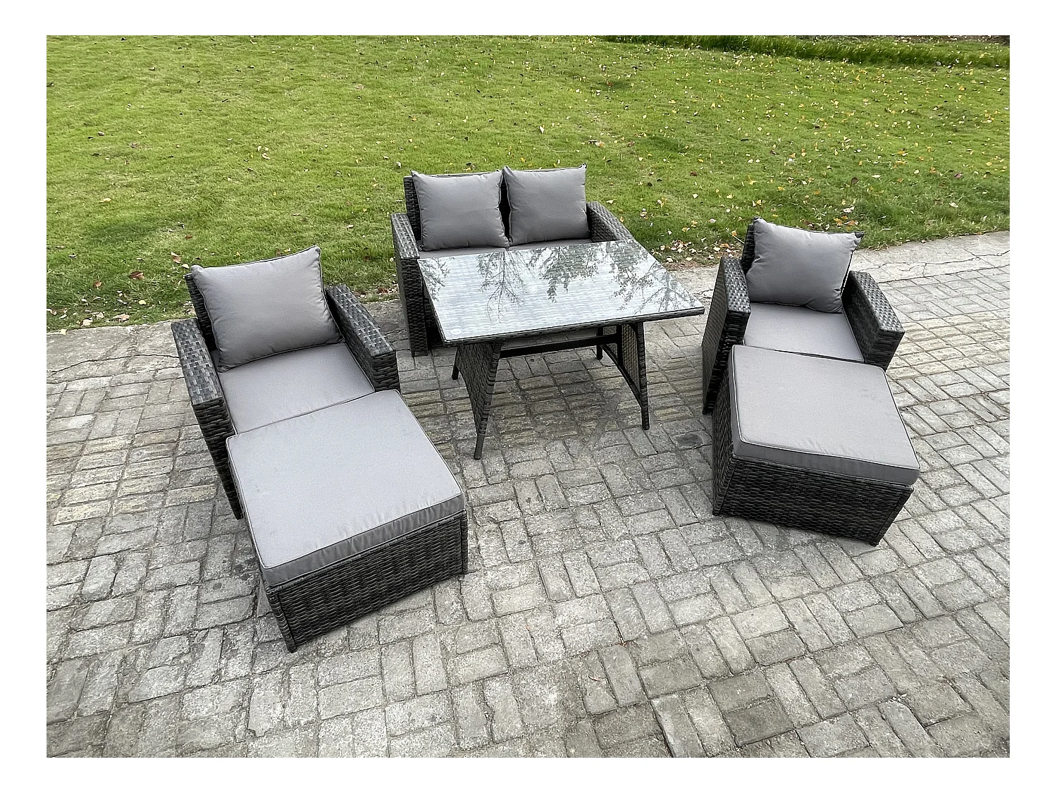 Garten Esstisch Set Polyrattan Outdoor Möbel Sofa mit Rechteckiger Esstisch Doppelsitz Sofa 2 hohen Hockern 2 Sesseln Dunkelgrau Gemischt