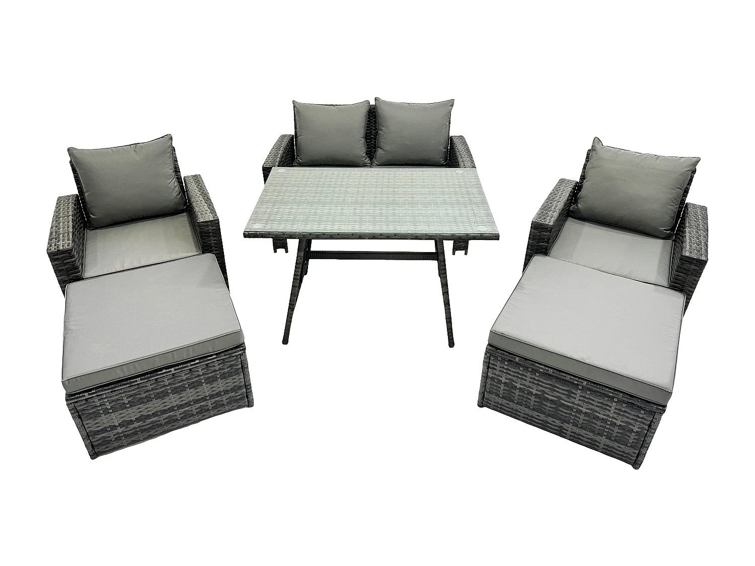 Garten Esstisch Set Polyrattan Outdoor Möbel Sofa mit Rechteckiger Esstisch Doppelsitz Sofa 2 hohen Hockern 2 Sesseln Dunkelgrau Gemischt