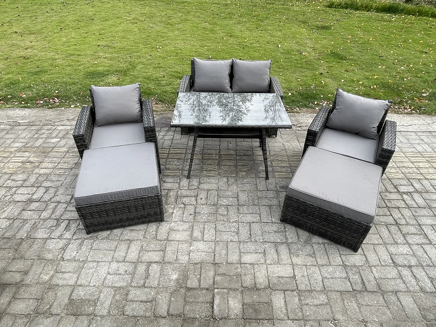 Garten Esstisch Set Polyrattan Outdoor Möbel Sofa mit Rechteckiger Esstisch Doppelsitz Sofa 2 hohen Hockern 2 Sesseln Dunkelgrau Gemischt