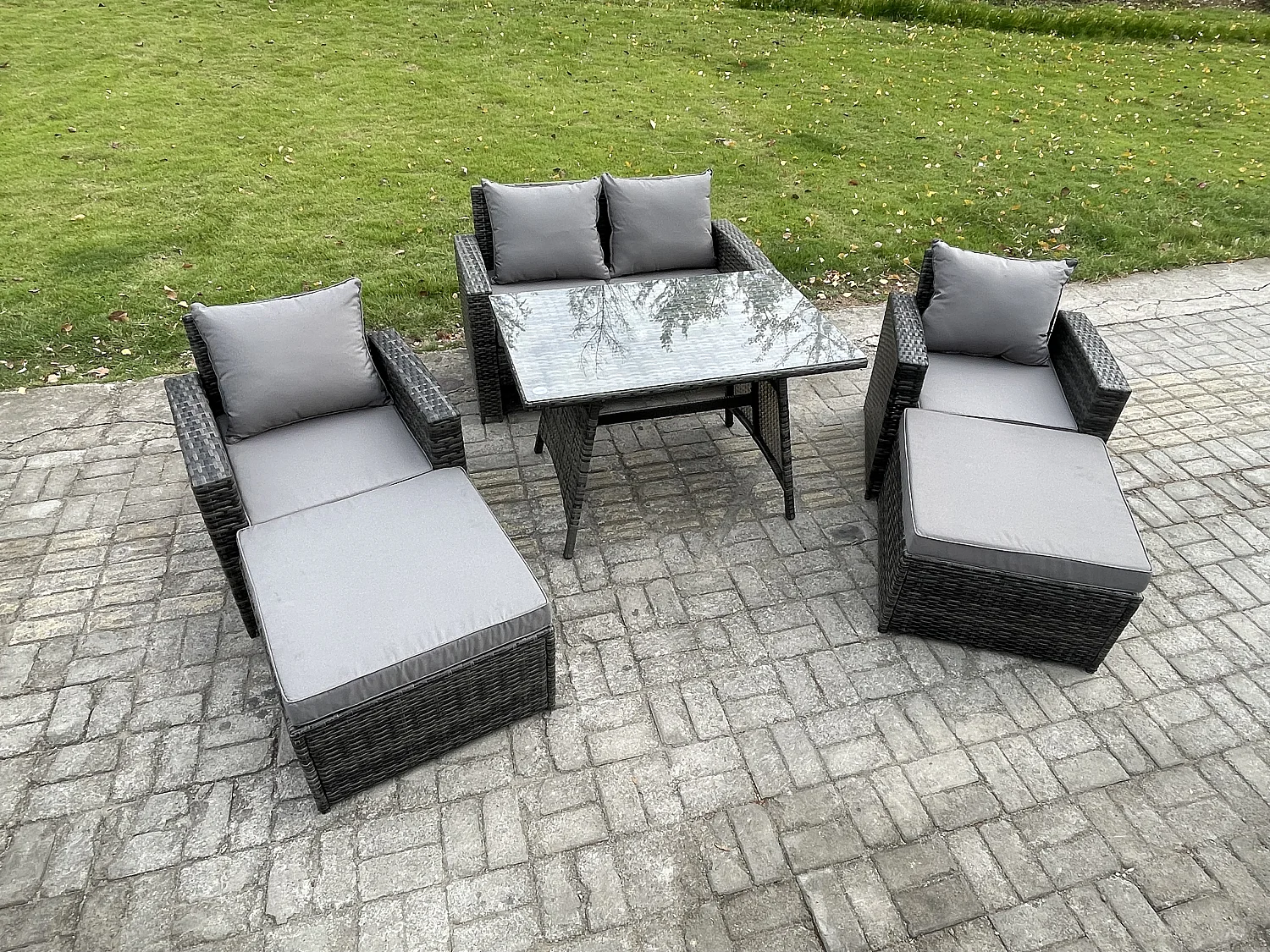 Garten Esstisch Set Polyrattan Outdoor Möbel Sofa mit Rechteckiger Esstisch Doppelsitz Sofa 2 hohen Hockern 2 Sesseln Dunkelgrau Gemischt