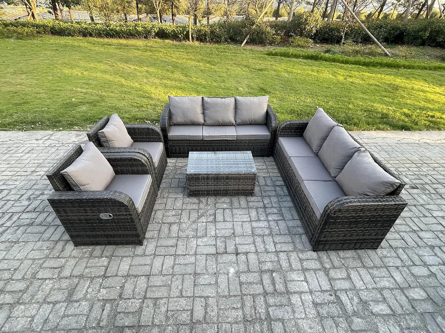 Rattan Gartenmöbel Sofa Set Tisch & Stühle Set mit 3-Sitzer Sofa Liegestühle Dunkelgrau Gemischt