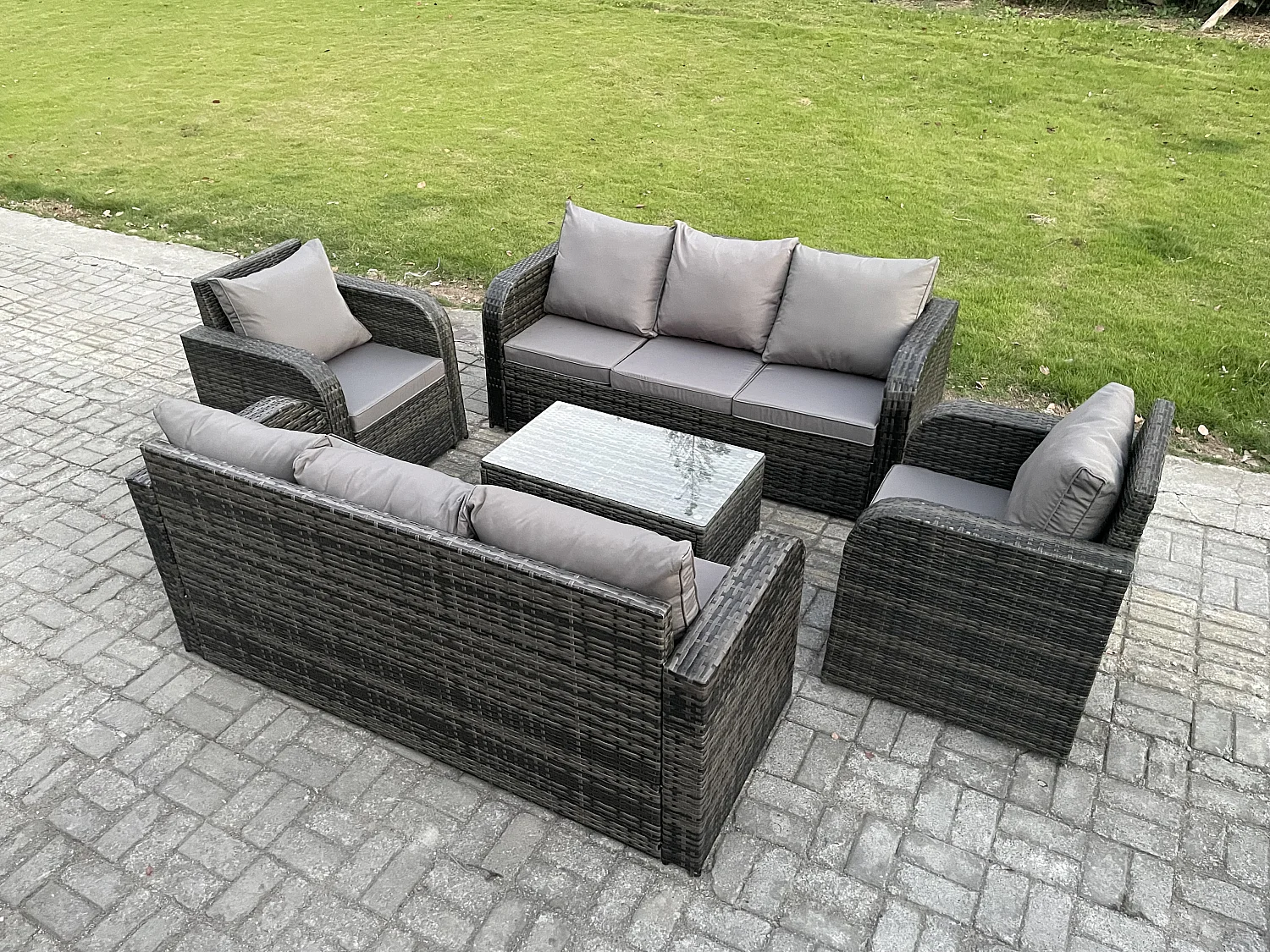 Rattan Gartenmöbel Sofa Set Tisch & Stühle Set mit 3-Sitzer Sofa Liegestühle Dunkelgrau Gemischt