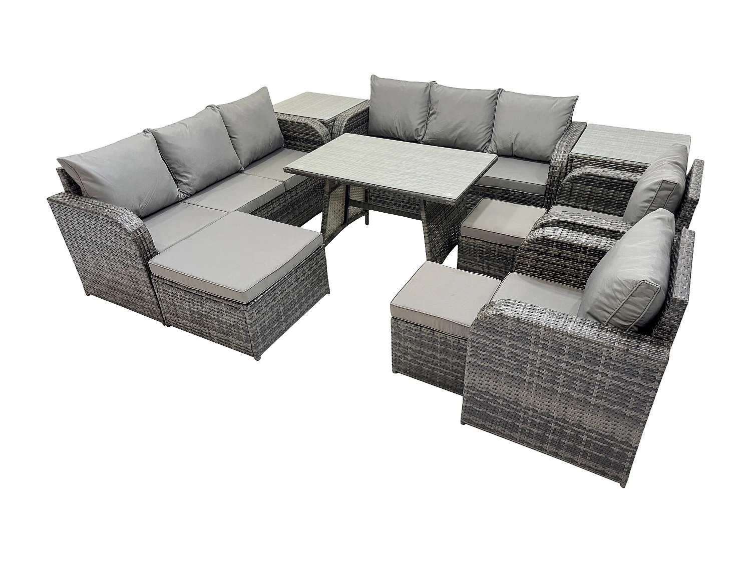 11-Sitzer Rattan Gartenmöbel Sofa Set Tisch & Stühle Set mit 3-Sitzer Sofa Rechteckiger Esstisch 3 Hockern 2 Beistelltischen Dunkelgrau Gemischt