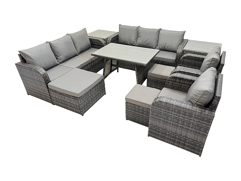 11-Sitzer Rattan Gartenmöbel Sofa Set Tisch & Stühle Set mit 3-Sitzer Sofa Rechteckiger Esstisch 3 Hockern 2 Beistelltischen Dunkelgrau Gemischt