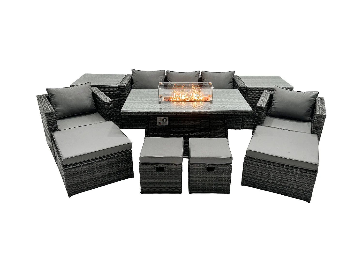 Ensemble de meubles de jardin en rotin ave Table de foyer à gaz 9 places Ensemble de canapés avec 2 Tables d'appoint 4 Tabourets