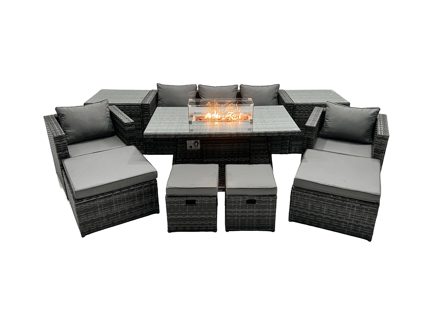 Ensemble de meubles de jardin en rotin ave Table de foyer à gaz 9 places Ensemble de canapés avec 2 Tables d'appoint 4 Tabourets