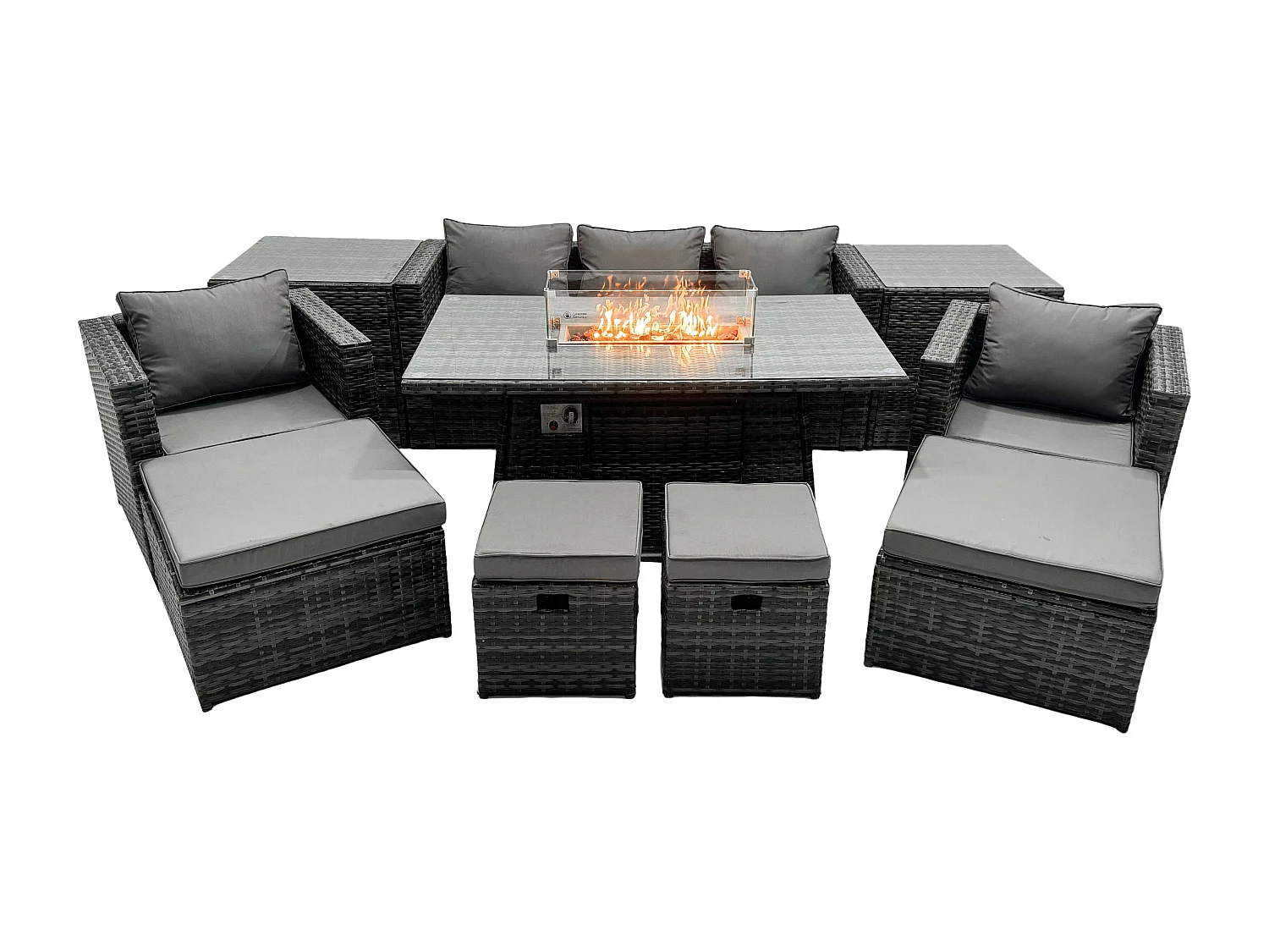 Rattan Gartenmöbel Set 9-Sitzer Garten Sofa Gas Feuertisch Set mit 2 Beistelltisch 4 Hockern