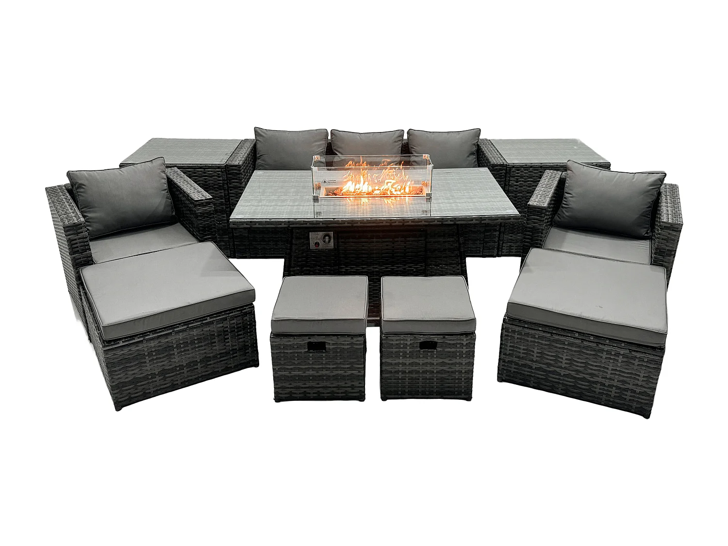 Rattan Gartenmöbel Set 9-Sitzer Garten Sofa Gas Feuertisch Set mit 2 Beistelltisch 4 Hockern