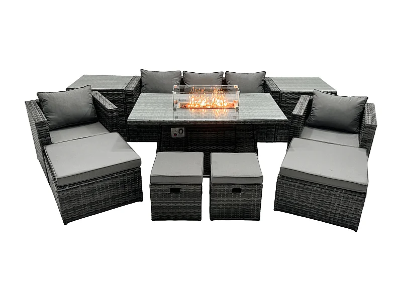 Rattan Gartenmöbel Set 9-Sitzer Garten Sofa Gas Feuertisch Set mit 2 Beistelltisch 4 Hockern