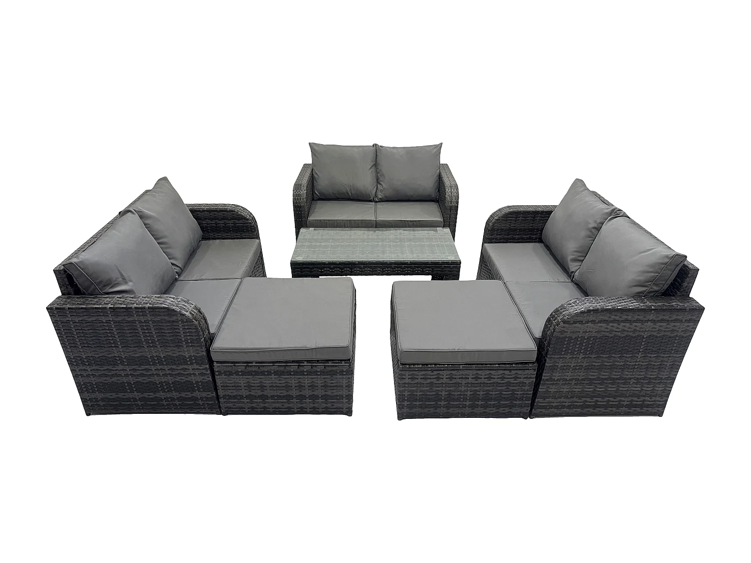 Hoher Rücken Rattan Gartenmöbel Sets mit Rechteckiger Couchtisch Liegestühle Love Sofa 2 hohen Hockern