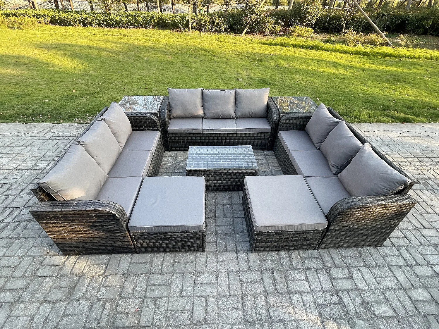 Gartenmöbel-Sets 11-Sitzer Polyrattan Möbel Sofa Sets mit Rechteckiger Couchtisch 3-Sitzer Sofa 2 Beistelltischen 2 hohen Hockern Dunkelgrau Gemischt