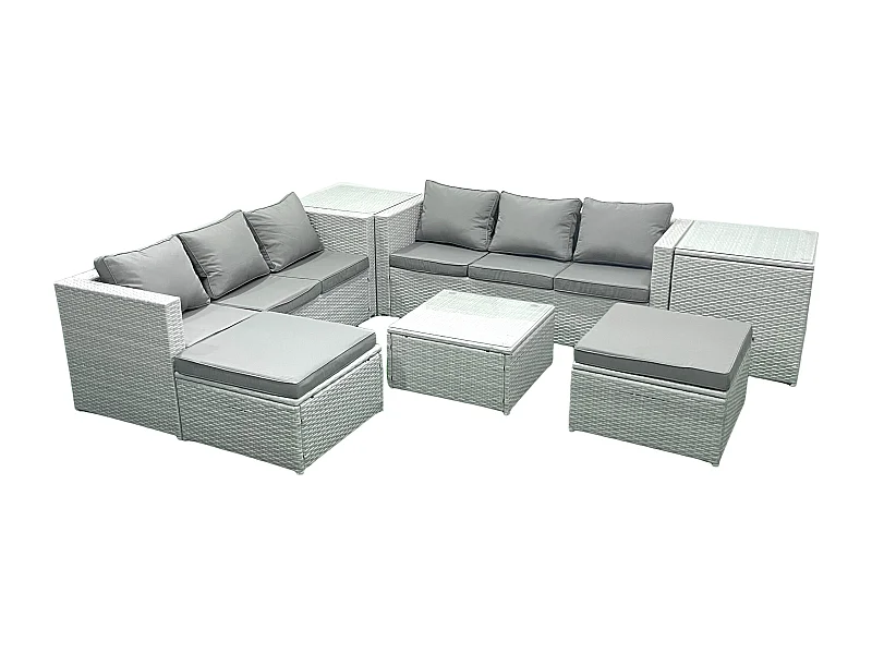 Gartenmöbel im Freien Polyrattan 8-Sitzer Rattan Garten Sofa Set mit 2 hohen Hockern 2 Beistelltischen Hellgrau gemischt