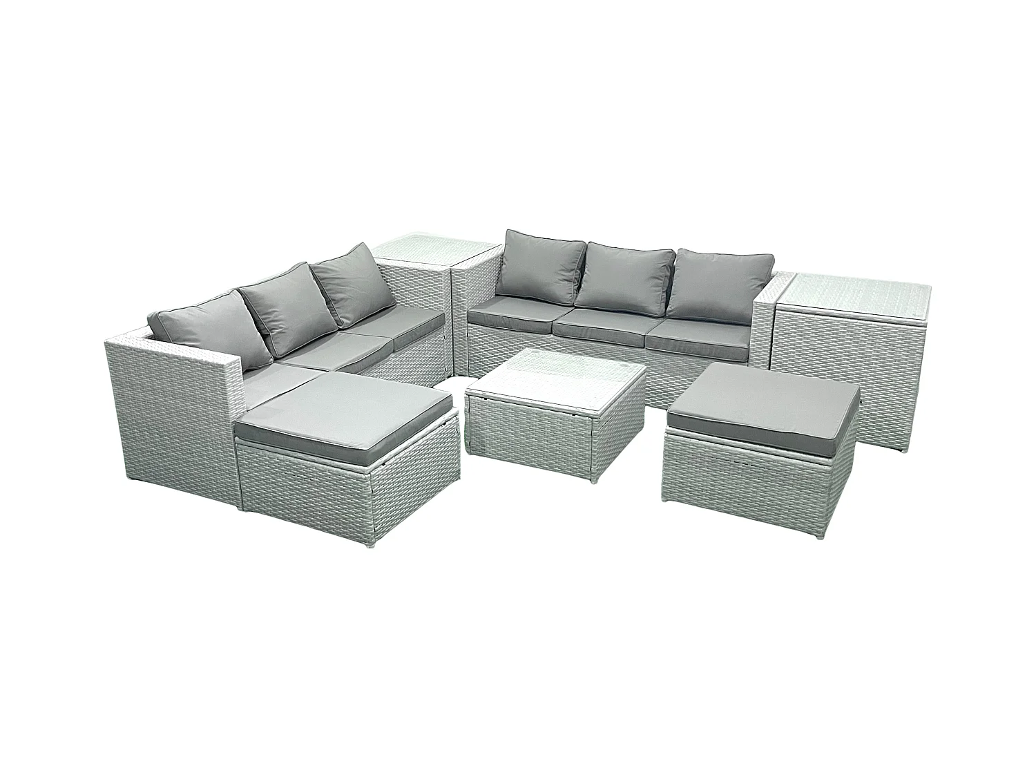 Gartenmöbel im Freien Polyrattan 8-Sitzer Rattan Garten Sofa Set mit 2 hohen Hockern 2 Beistelltischen Hellgrau gemischt