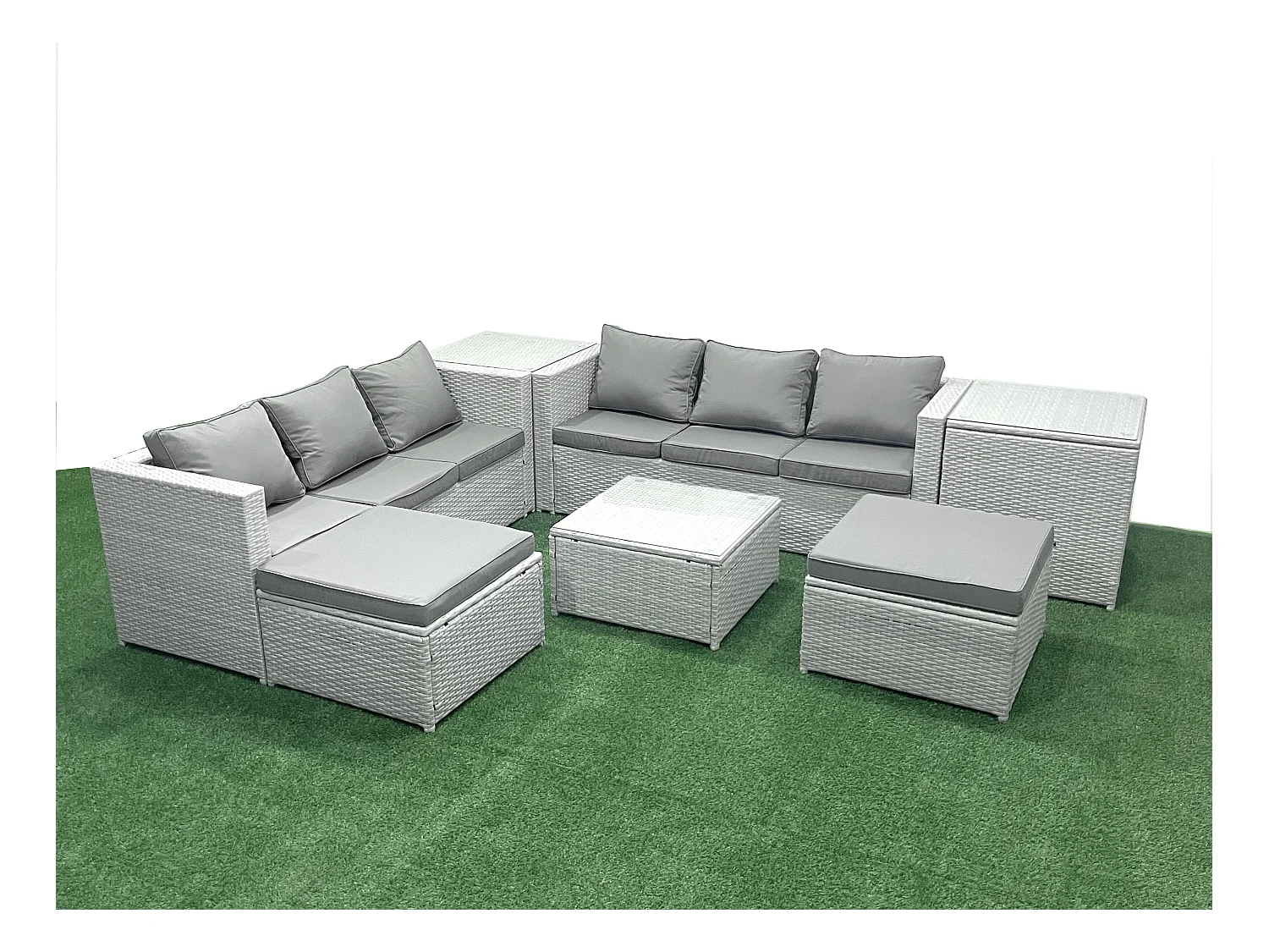 Gartenmöbel im Freien Polyrattan 8-Sitzer Rattan Garten Sofa Set mit 2 hohen Hockern 2 Beistelltischen Hellgrau gemischt