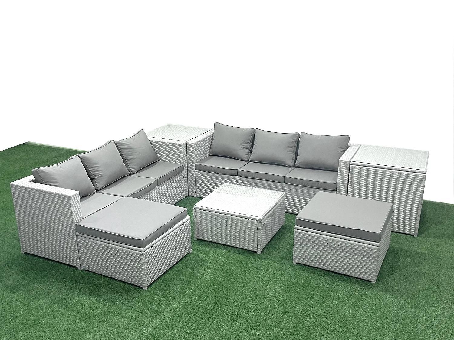 Gartenmöbel im Freien Polyrattan 8-Sitzer Rattan Garten Sofa Set mit 2 hohen Hockern 2 Beistelltischen Hellgrau gemischt
