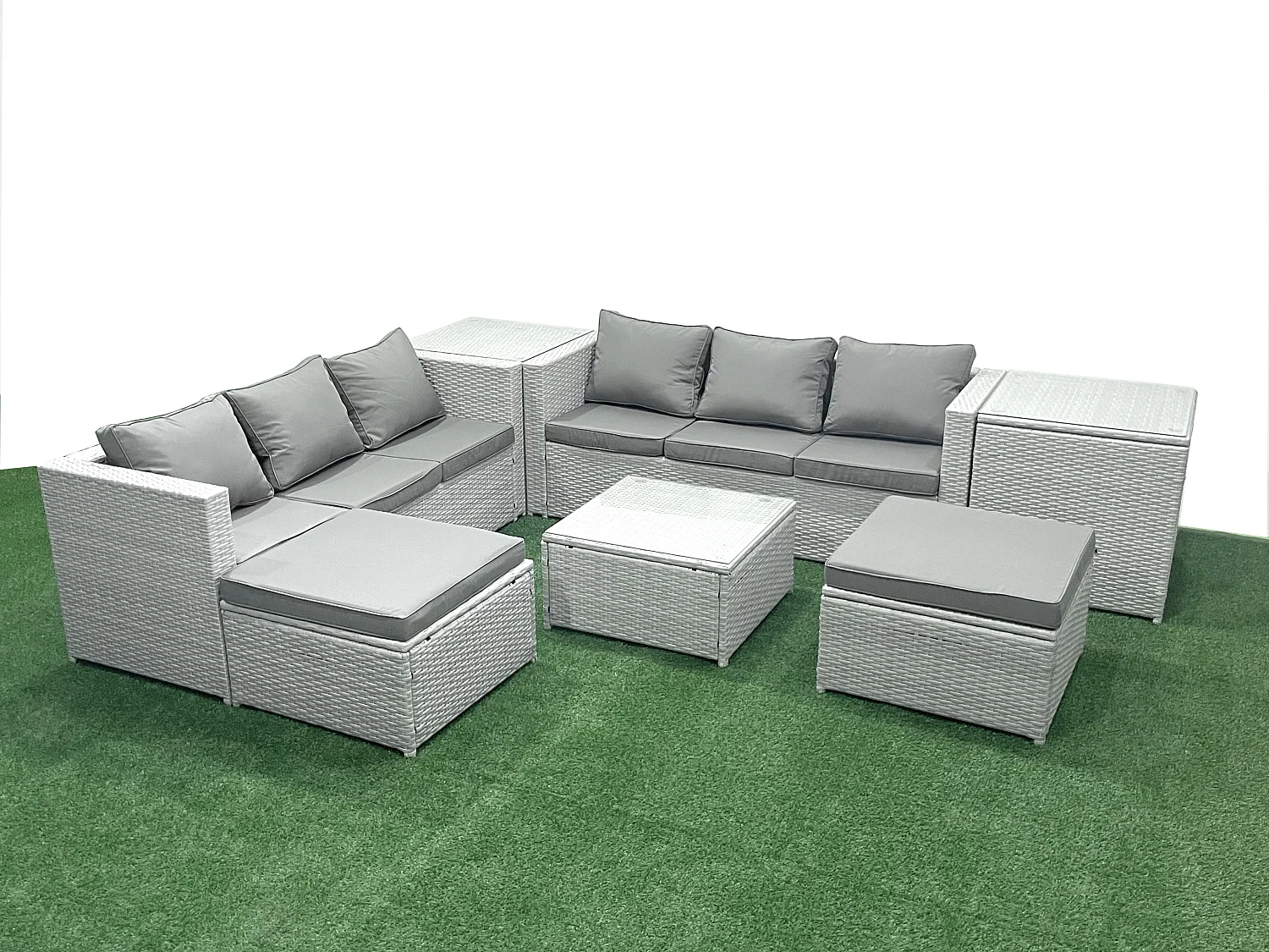 Gartenmöbel im Freien Polyrattan 8-Sitzer Rattan Garten Sofa Set mit 2 hohen Hockern 2 Beistelltischen Hellgrau gemischt