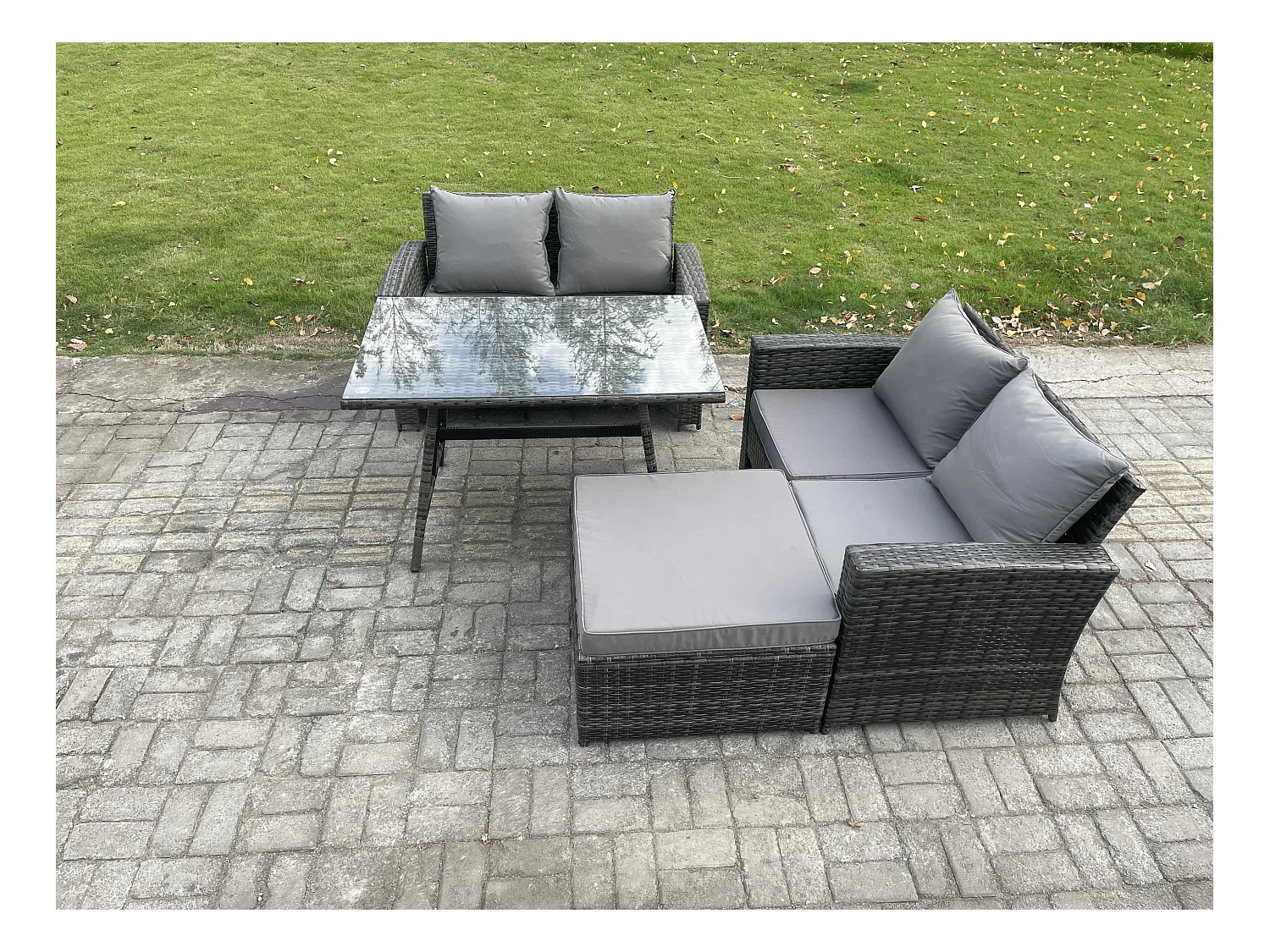 Gartenmöbelset 4 Stücke Polyrattan Garten Sofa im Freien mit 2 Großer Hockern Dunkelgrau Gemischt