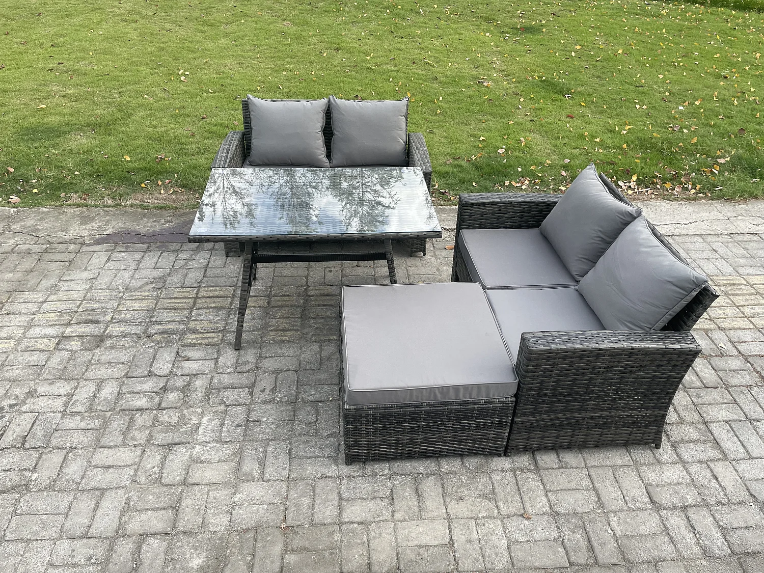 4 Pièces Ensemble de canapé en rotin extérieur avec Grand tabouret Gris foncé mixte