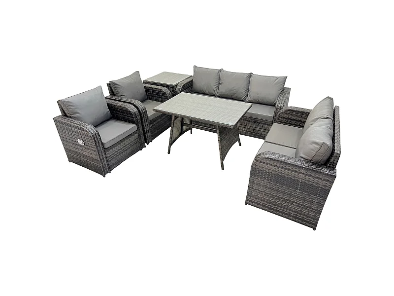 7 places Dossier haut Ensemble de meubles de jardin en rotin avec Table à manger Chaise inclinable Canapé 3 places Canapé d'amour Table d'appoint