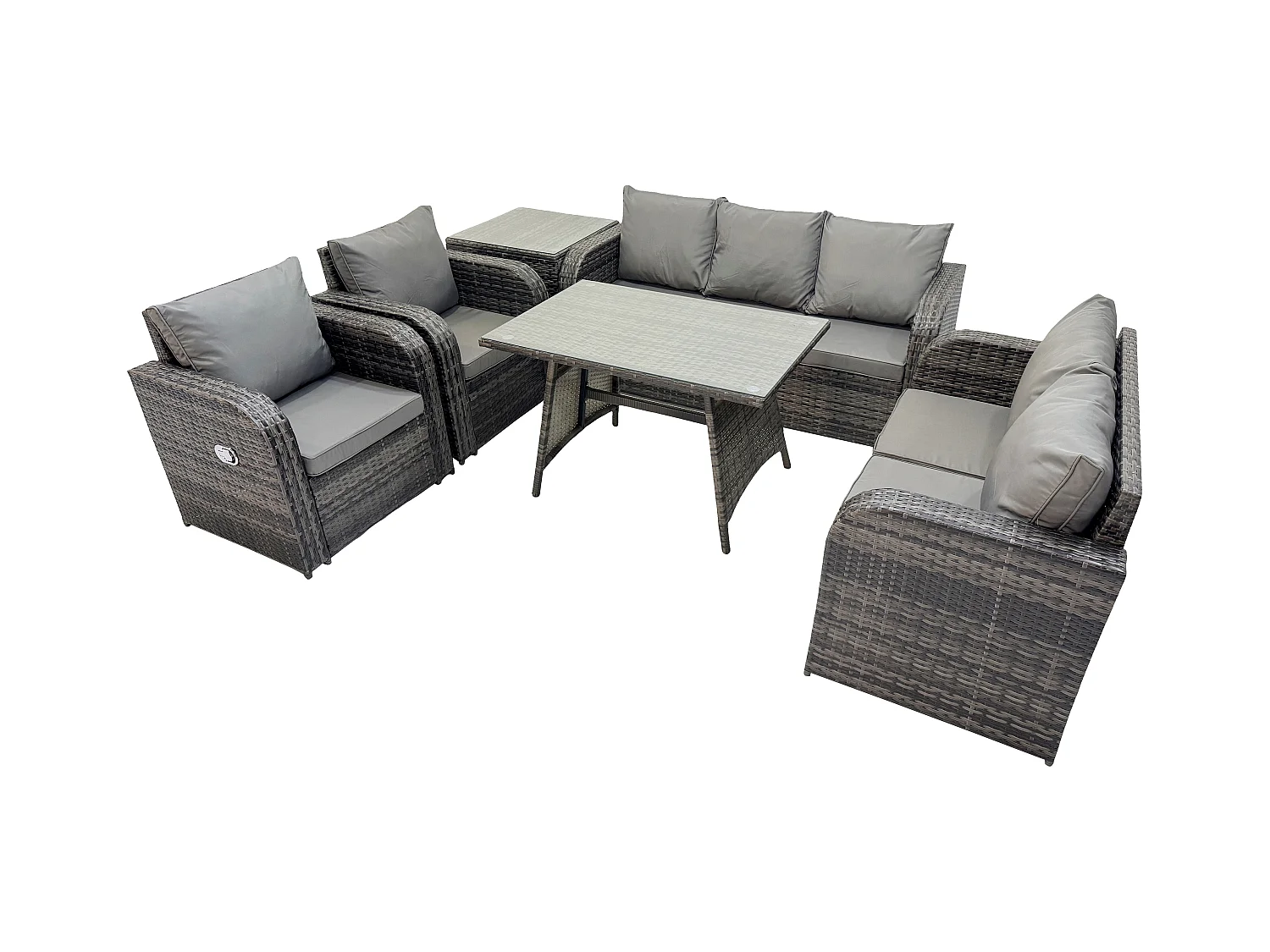 7 places Dossier haut Ensemble de meubles de jardin en rotin avec Table à manger Chaise inclinable Canapé 3 places Canapé d'amour Table d'appoint