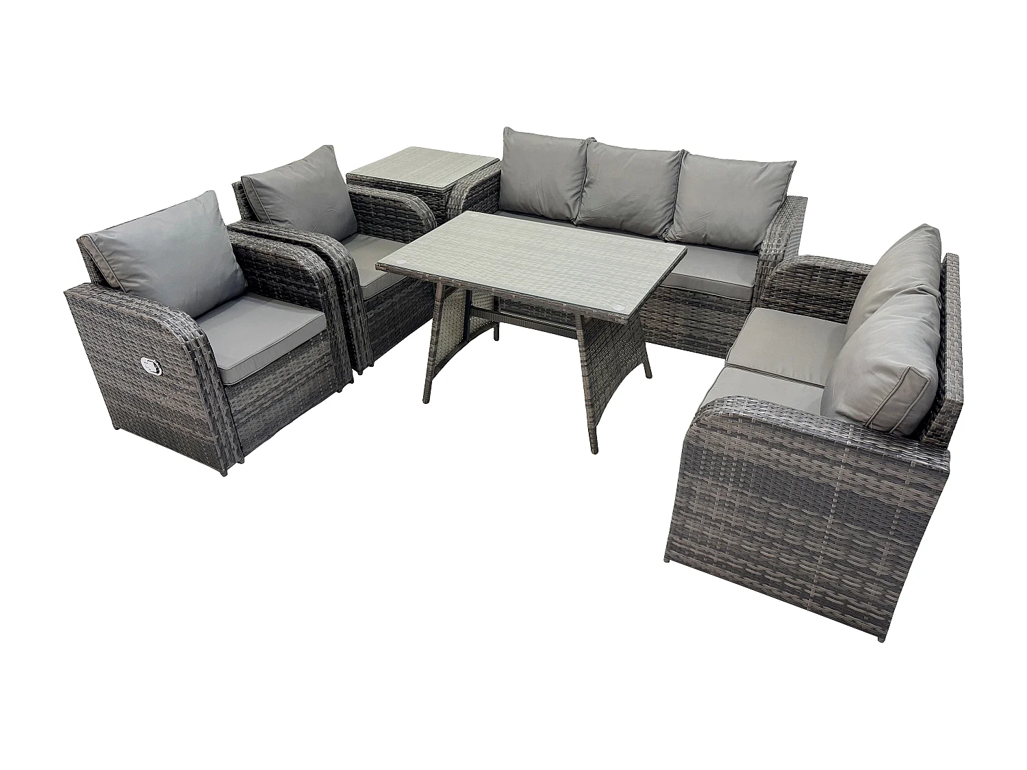 7 places Dossier haut Ensemble de meubles de jardin en rotin avec Table à manger Chaise inclinable Canapé 3 places Canapé d'amour Table d'appoint