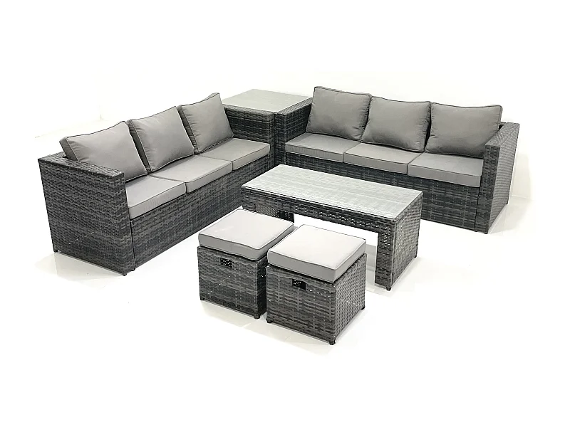 Garten Rattanmöbel Set mit Sofa Couchtisch 2 kleine Fußhockern Beistelltisch Dunkelgrau Gemischt