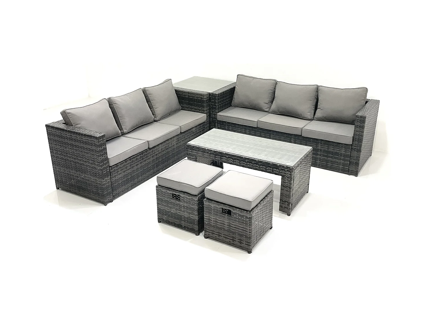 Garten Rattanmöbel Set mit Sofa Couchtisch 2 kleine Fußhockern Beistelltisch Dunkelgrau Gemischt