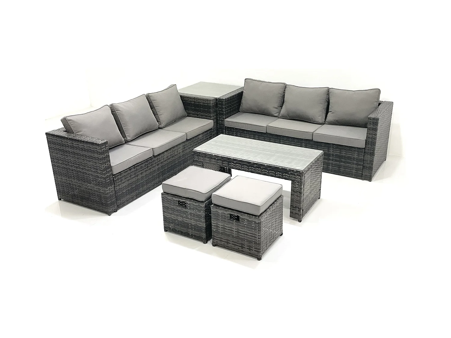 Garten Rattanmöbel Set mit Sofa Couchtisch 2 kleine Fußhockern Beistelltisch Dunkelgrau Gemischt