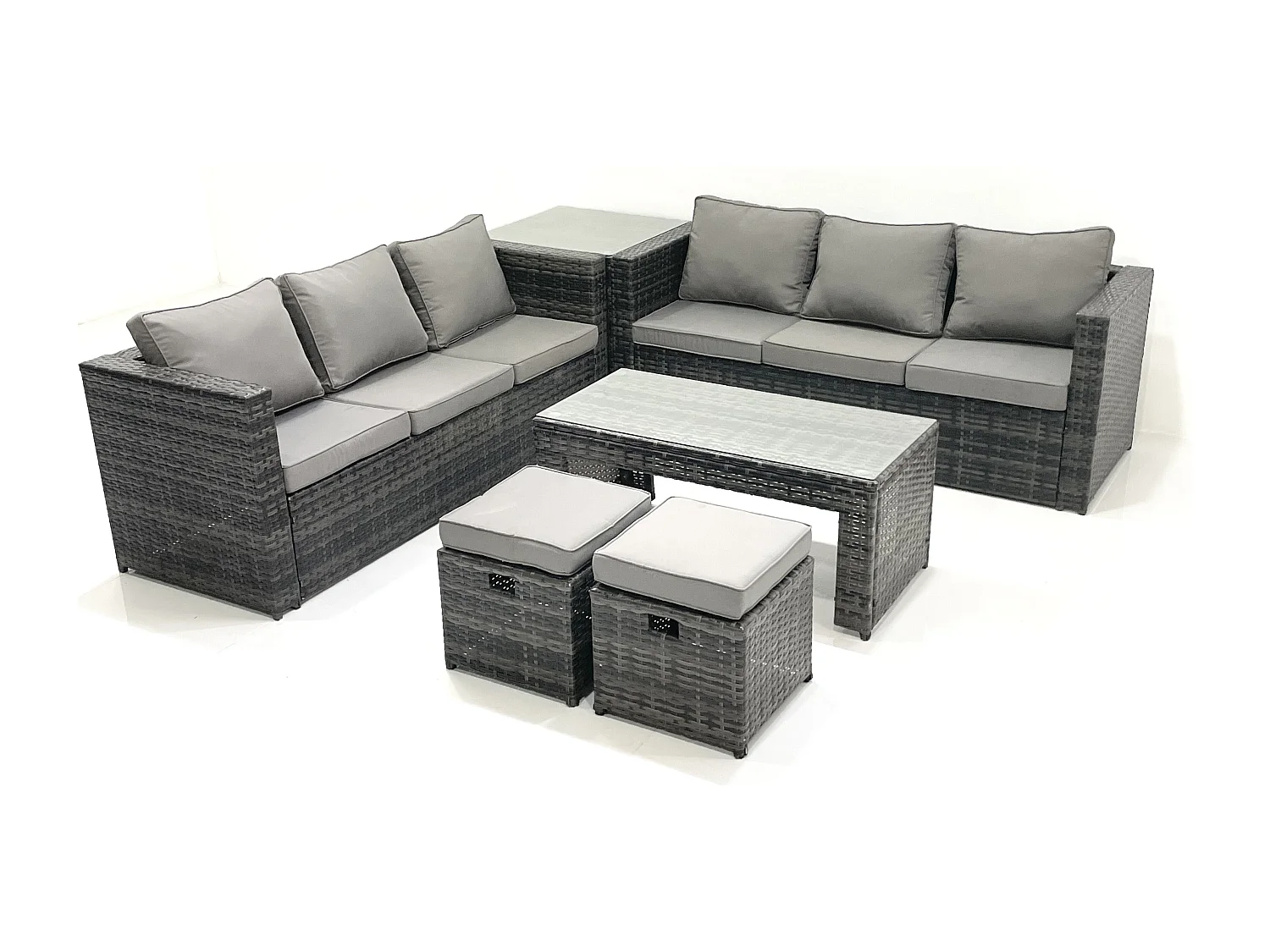 Garten Rattanmöbel Set mit Sofa Couchtisch 2 kleine Fußhockern Beistelltisch Dunkelgrau Gemischt