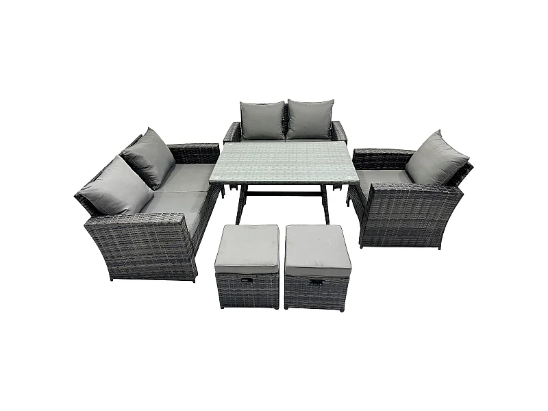 Polyrattan Garten Esstisch Set Gartenmöbel Sofa mit Rechteckiger Esstisch Loveseat Sofa 2 kleine Fußhockern Dunkelgrau Gemischt