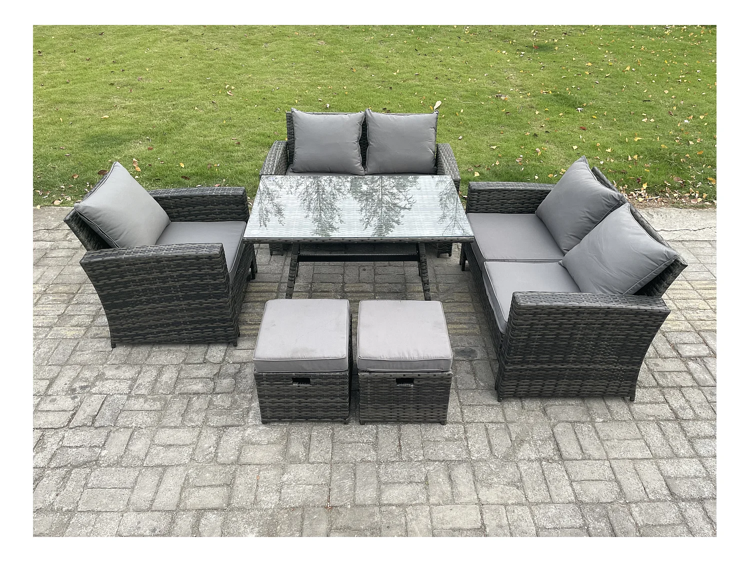 Polyrattan Garten Esstisch Set Gartenmöbel Sofa mit Rechteckiger Esstisch Loveseat Sofa 2 kleine Fußhockern Dunkelgrau Gemischt