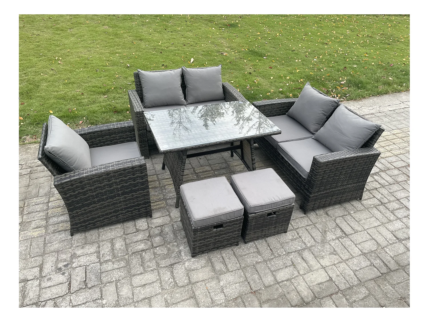 Polyrattan Garten Esstisch Set Gartenmöbel Sofa mit Rechteckiger Esstisch Loveseat Sofa 2 kleine Fußhockern Dunkelgrau Gemischt