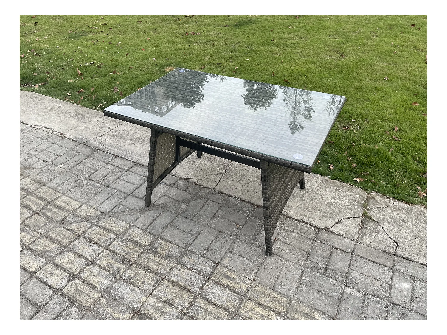 Polyrattan Garten Esstisch Set Gartenmöbel Sofa mit Rechteckiger Esstisch Loveseat Sofa 2 kleine Fußhockern Dunkelgrau Gemischt