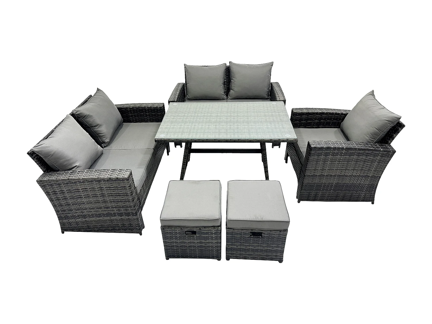 Ensemble de canapé en rotin extérieur avec Table à manger rectangulaire Canapé à deux places 2 Petits tabourets Gris foncé mixte