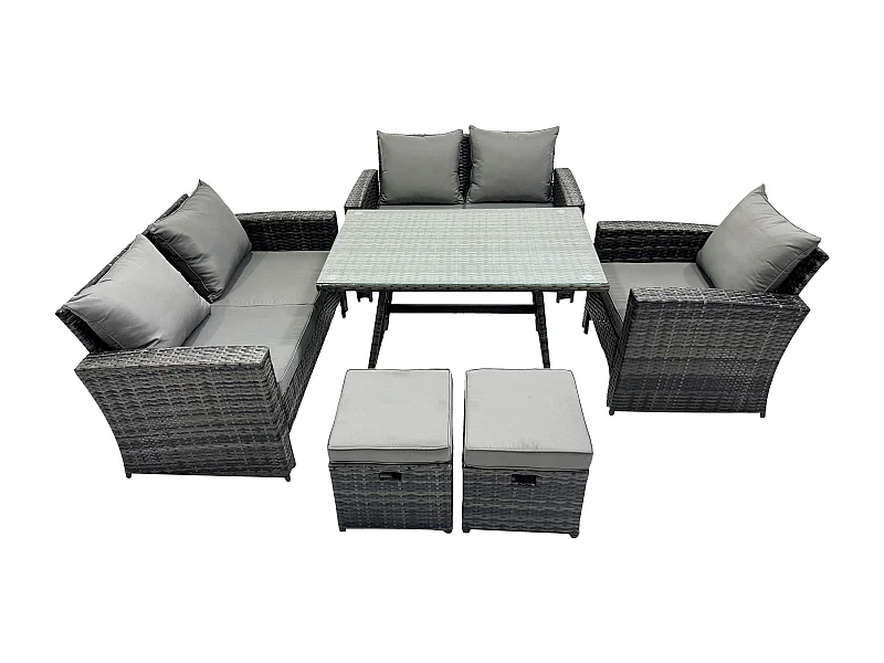 Ensemble de canapé en rotin extérieur avec Table à manger rectangulaire Canapé à deux places 2 Petits tabourets Gris foncé mixte