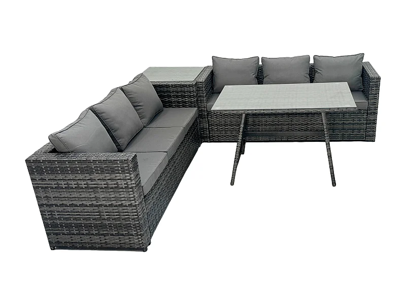6 places Ensemble de canapé en rotin extérieur avec Table d'appoint Table à manger Gris foncé mixte