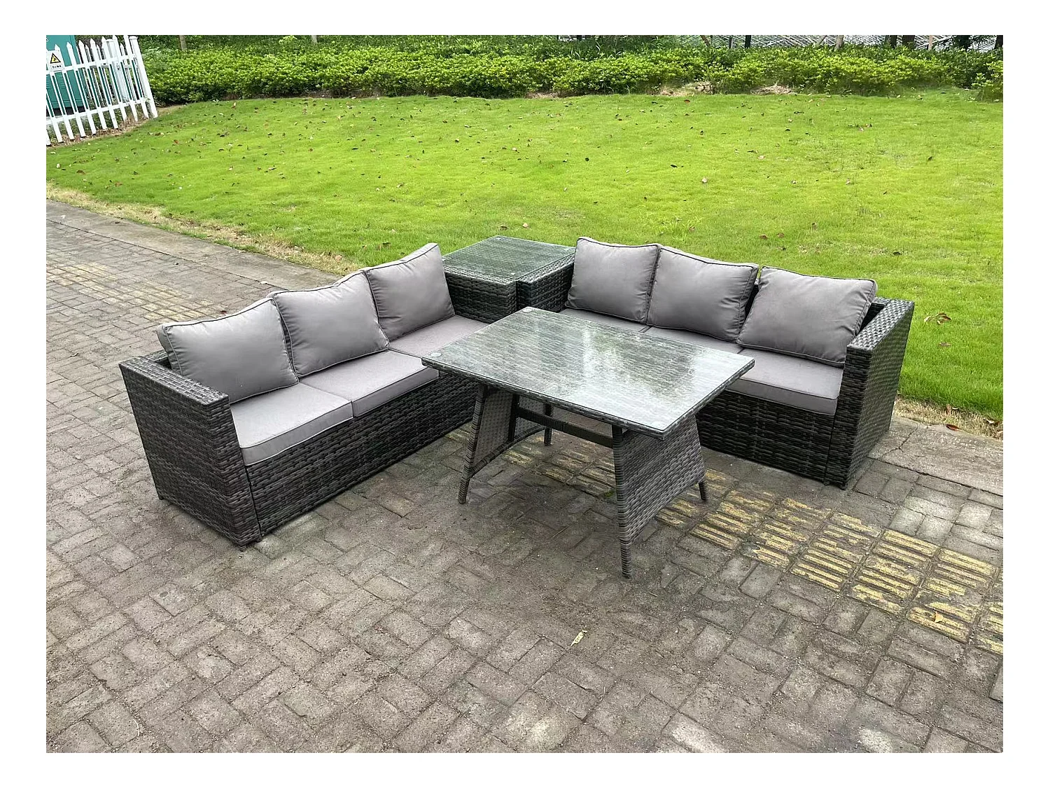 6 places Ensemble de canapé en rotin extérieur avec Table d'appoint Table à manger Gris foncé mixte