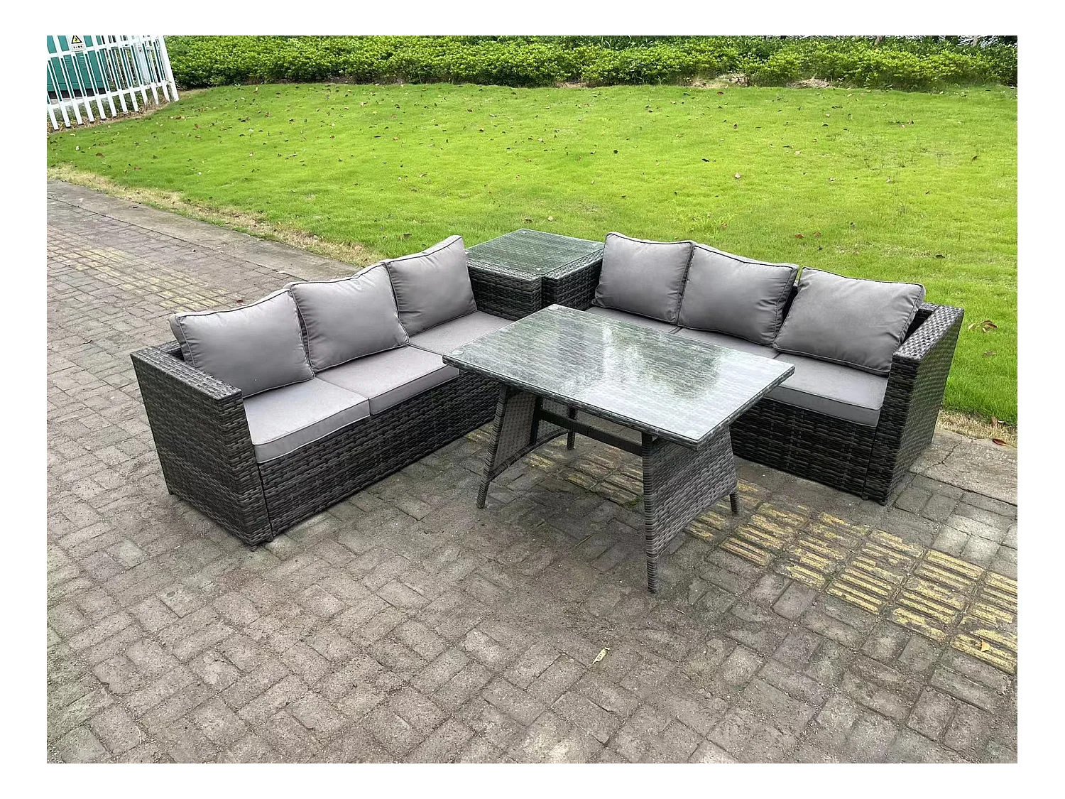 6 places Ensemble de canapé en rotin extérieur avec Table d'appoint Table à manger Gris foncé mixte