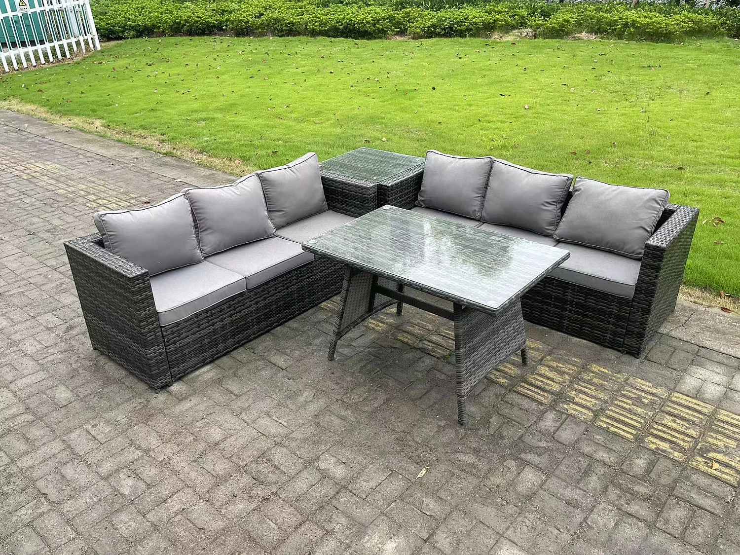 6 places Ensemble de canapé en rotin extérieur avec Table d'appoint Table à manger Gris foncé mixte