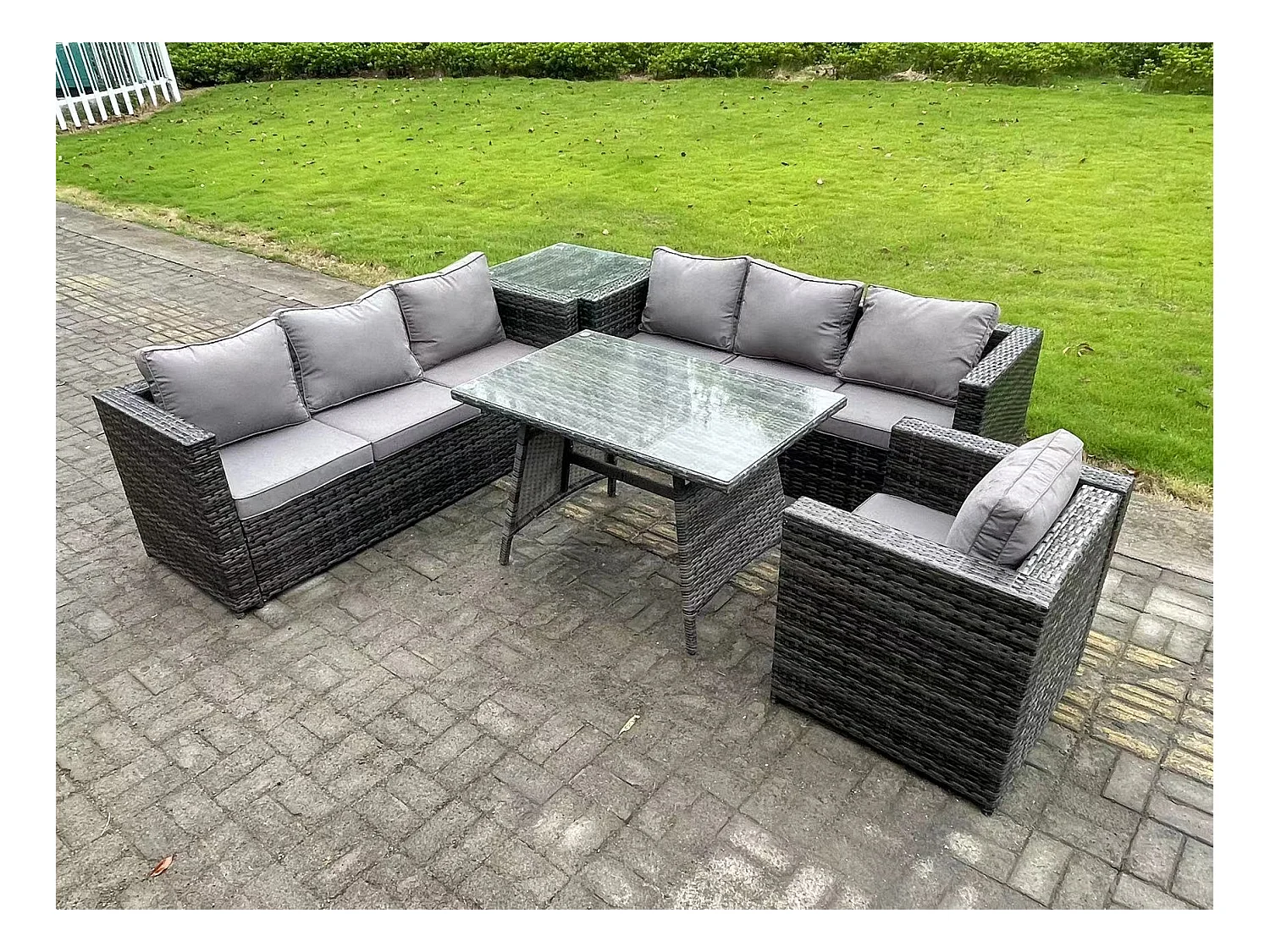 7 places Ensemble de canapé en rotin extérieur avec Table à manger Table d'appoint Fauteuil Gris foncé mixte