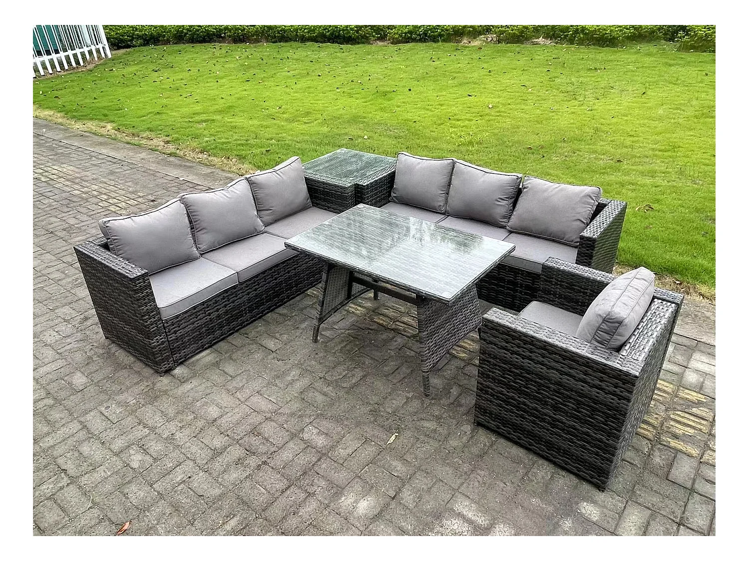 7 places Ensemble de canapé en rotin extérieur avec Table à manger Table d'appoint Fauteuil Gris foncé mixte