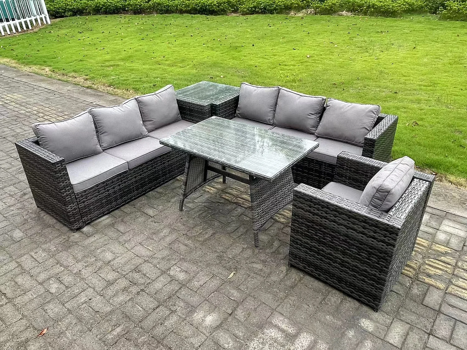 7-Sitzer Polyrattan Garten Esstisch Set Gartenmöbel Sofa mit Patio Beistelltisch Sessel Dunkelgrau Gemischt