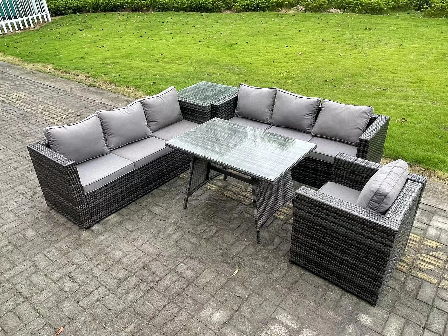 7-Sitzer Polyrattan Garten Esstisch Set Gartenmöbel Sofa mit Patio Beistelltisch Sessel Dunkelgrau Gemischt