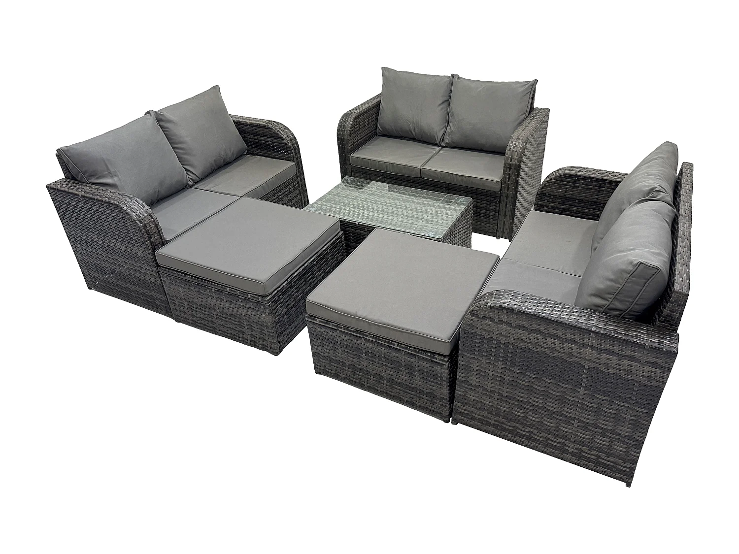 8 places Ensemble de meubles de jardin Canapés de terrasse Fauteuil avec Table en verre trempé 2 Grand tabourets Gris foncé mixte