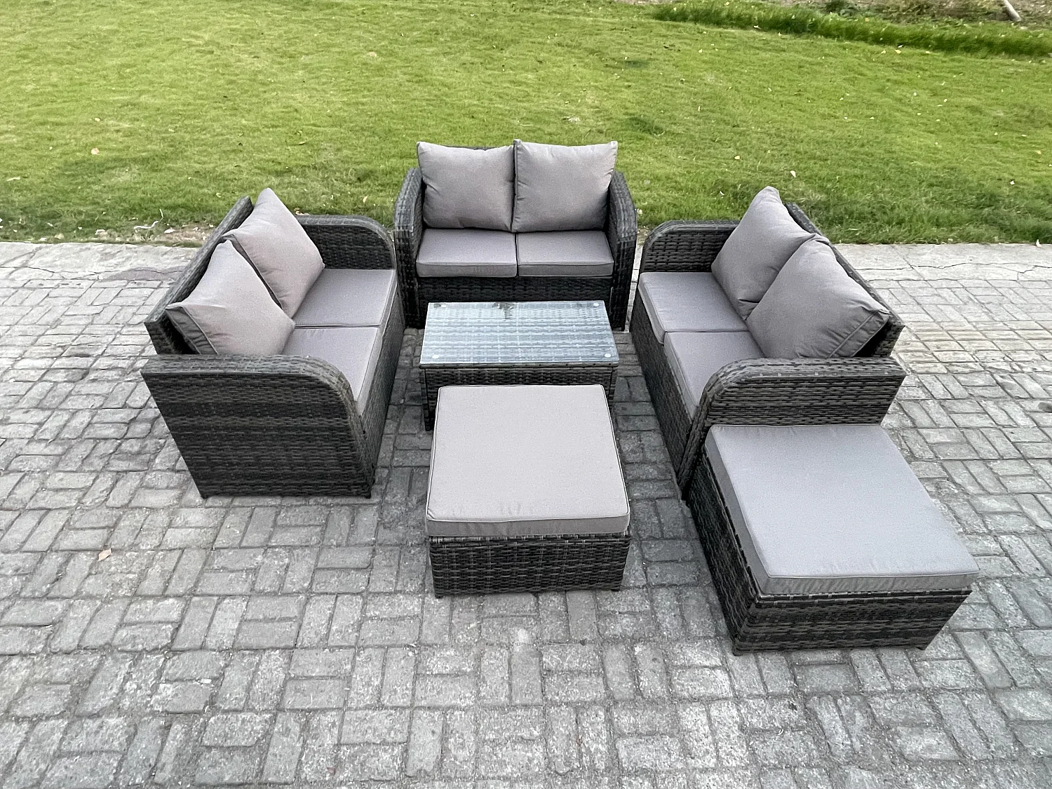 8 places Ensemble de meubles de jardin Canapés de terrasse Fauteuil avec Table en verre trempé 2 Grand tabourets Gris foncé mixte
