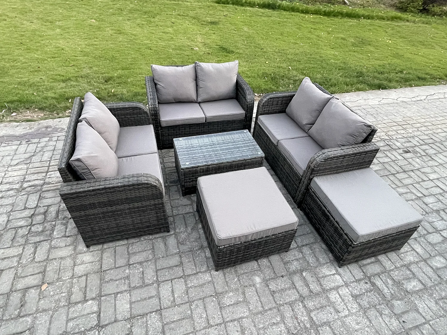 8 places Ensemble de meubles de jardin Canapés de terrasse Fauteuil avec Table en verre trempé 2 Grand tabourets Gris foncé mixte