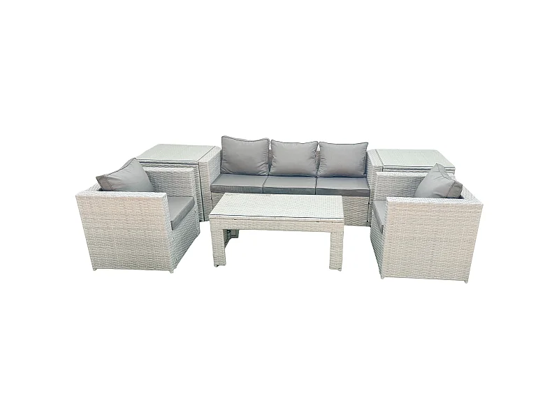 Polyrattan Gartenmöbel Set 6 Stücke Outdoor Garten Sofa Rechteckiger Couchtisch Set mit 2 Sesseln 2 Beistelltischen Hellgrau gemischt