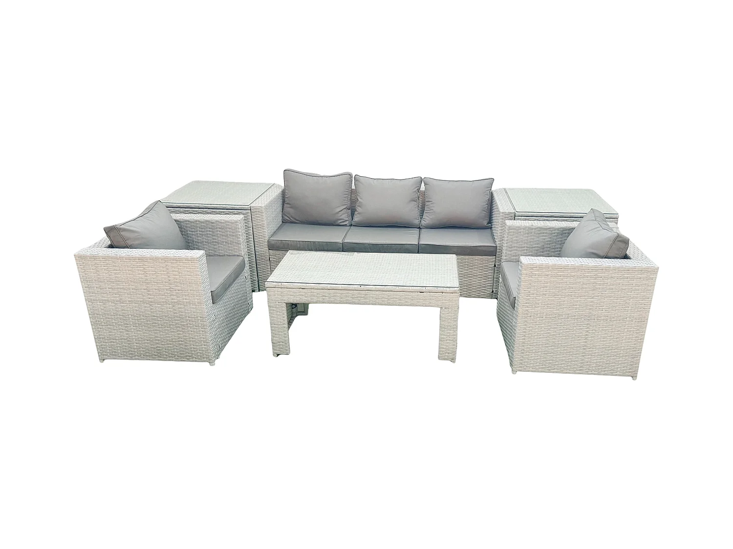 Polyrattan Gartenmöbel Set 6 Stücke Outdoor Garten Sofa Rechteckiger Couchtisch Set mit 2 Sesseln 2 Beistelltischen Hellgrau gemischt